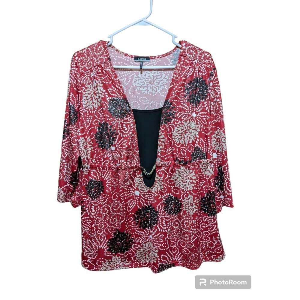 b street Blouse Plus Size 18 W 20 W  Red With Black and White Flowers